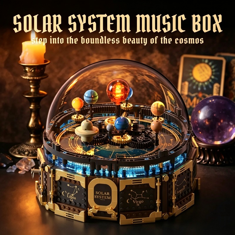Solar System Orrery - ชุดบล็อกสร้างโมเดลระบบสุริยะพร้อมกล่องดนตรี ดาวเคราะห์หมุนได้ พร้อมไฟ LED ของเล่นประกอบเอง DIY