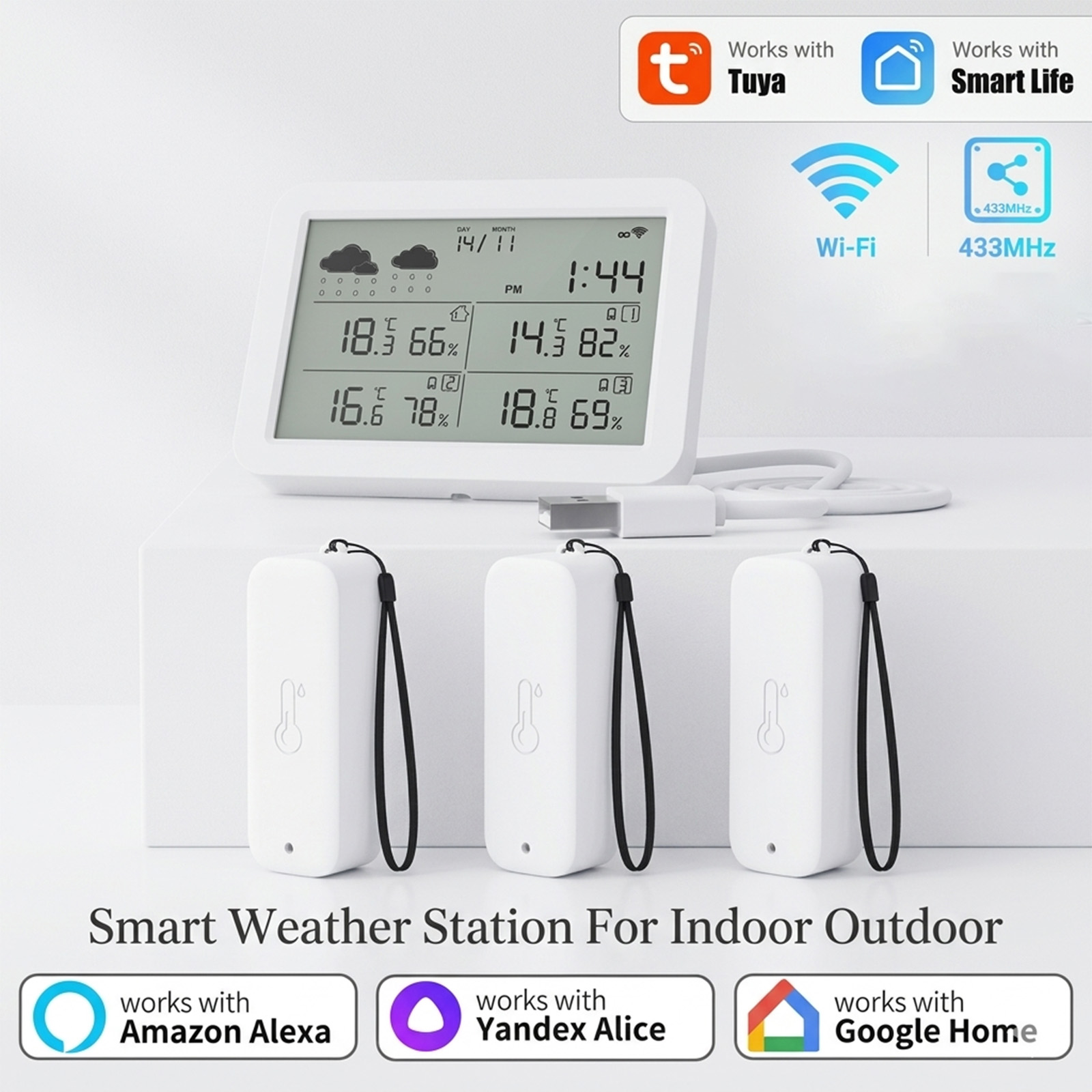 Weather Station Indoor - สถานีตรวจอากาศ Tuya WiFi+RF433, สมาร์ทโฮมในร่มและกลางแจ้ง, เซ็นเซอร์วัดอุณหภูมิและความชื้นพร้อมนาฬิกา, กันน้ำระดับ
